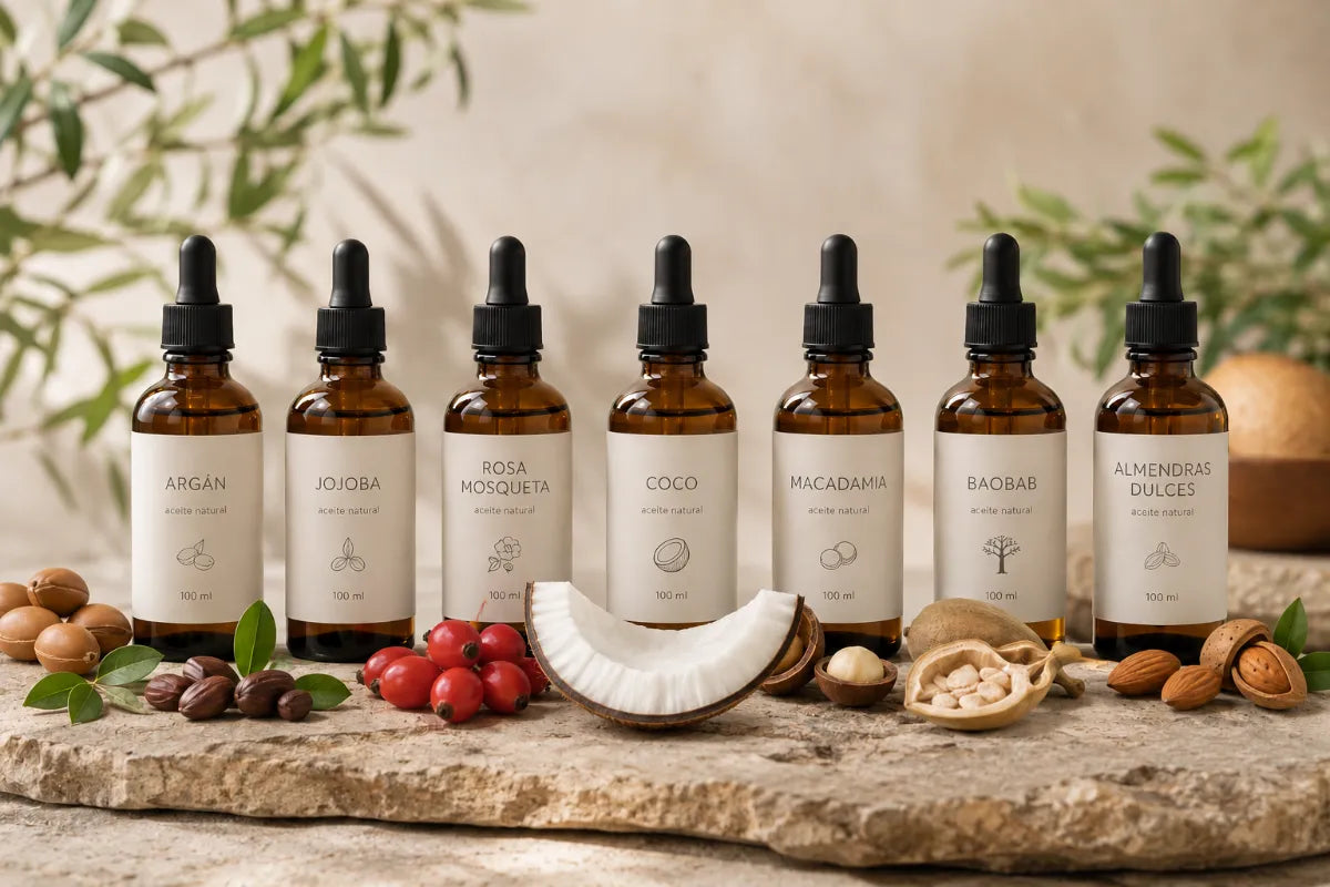 Aceites vegetales 100% naturales prenasdos en frío BIO. Nuestra selección: argán, jojoba, rosa mosqueta, coco, macadamia, baobab y almendras dulces.