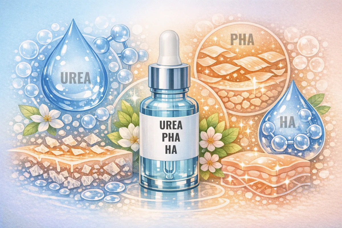 Fórmula cosmética con urea, PHA y ácido hialurónico para hidratar y suavizar la piel